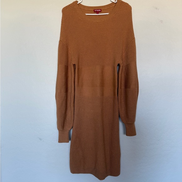 STAUD Marylebone Camel Long Sleeve Crewneck Knit Sweater Dress Size Large - Picture 2 of 11